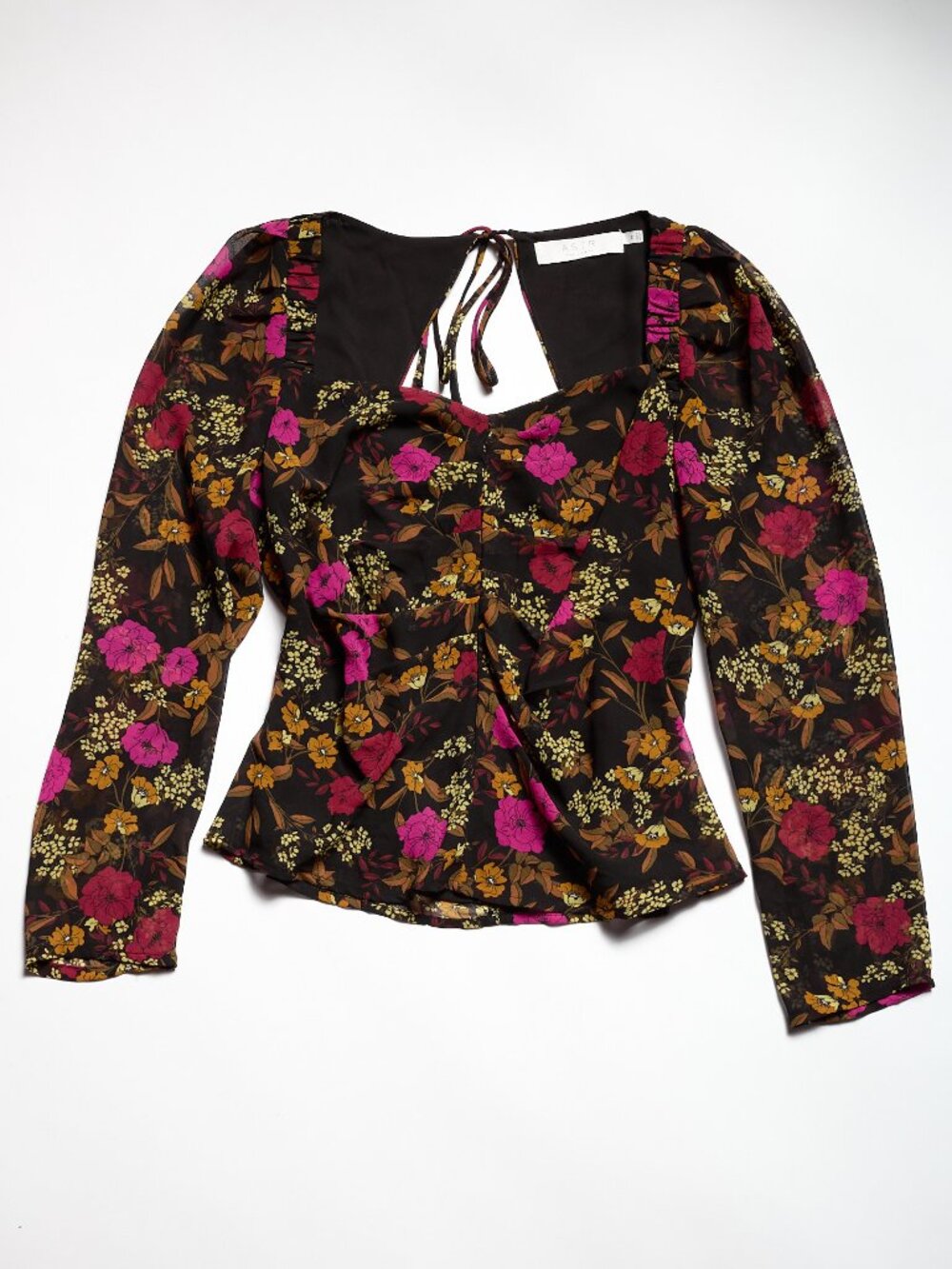 ASTR Floral Blouse Sheer Longsleeve Sweetheart Neckline Ruched Front M